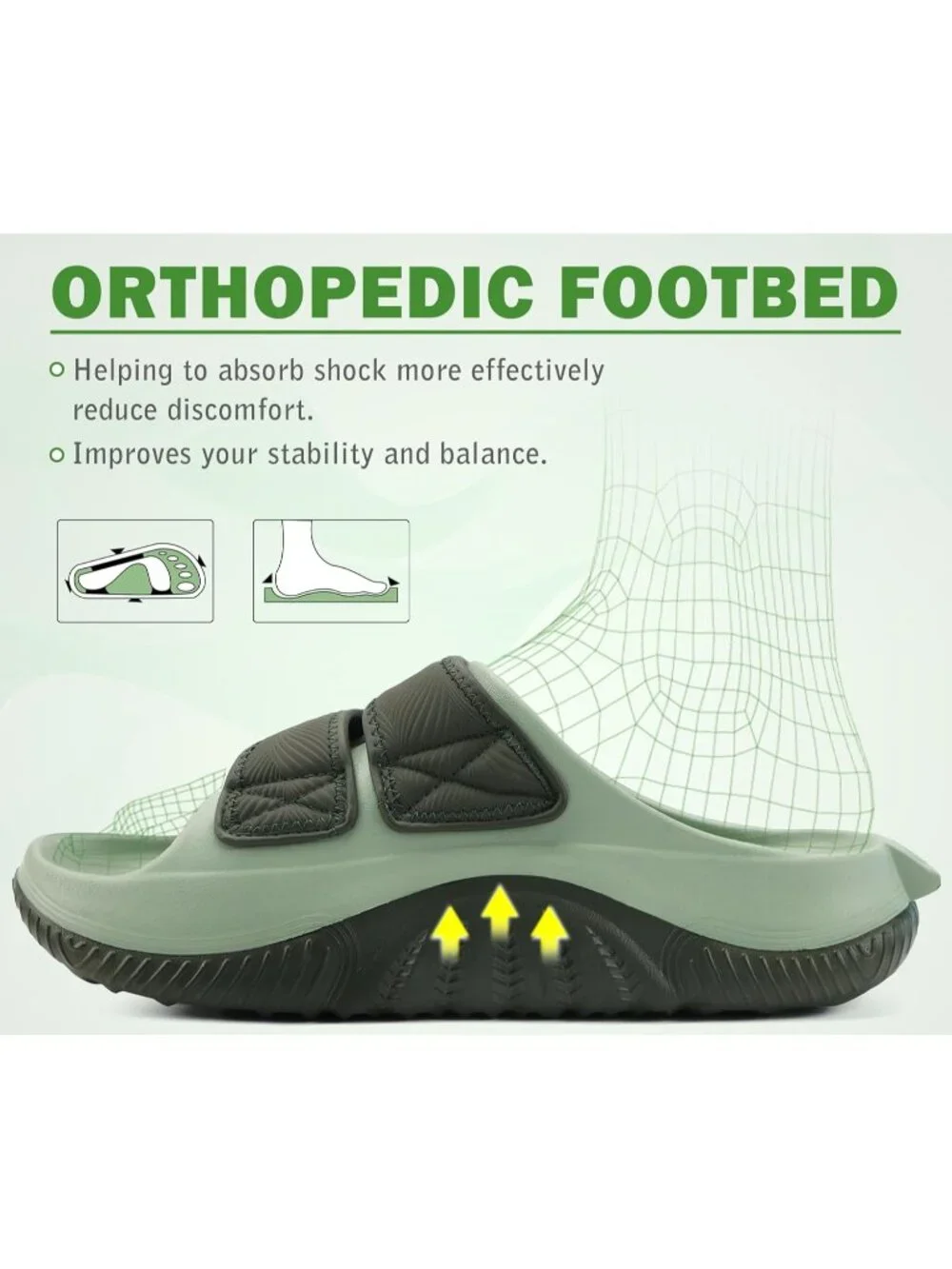 Men's Dark Green Recovery Sandals Orthopaedic Walking Slides Adjustable Thick